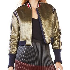 BCBGMAXAZRIA Gold Metallic Andreas Bomber Jacket With Contrasting Str…